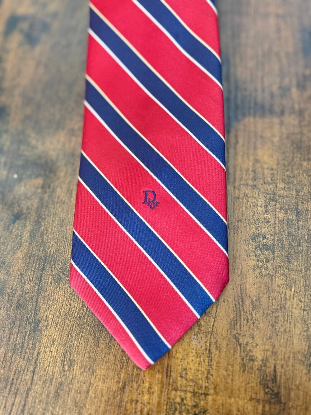 Vintage Christian Dior Paris New York Red Navy Striped Logo Tie classic